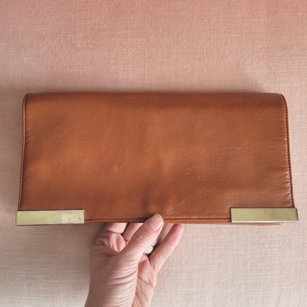 Vintage 70's Leather Julius Resnick Handbag Clutch Purse Brown Cognac with Brass